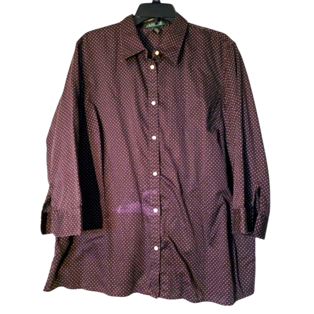 Vintage Lauren Ralph Lauren Top Womens 2X Plus Brown Polka Dot Button 3/4 Sleeve